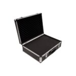 Geöffneter Universal-Koffer aus Aluminium mit Würfelschaum-Einlage und Schaumstoffpolsterung im Deckel, Innenmaß 390 x 315 x 130 mm