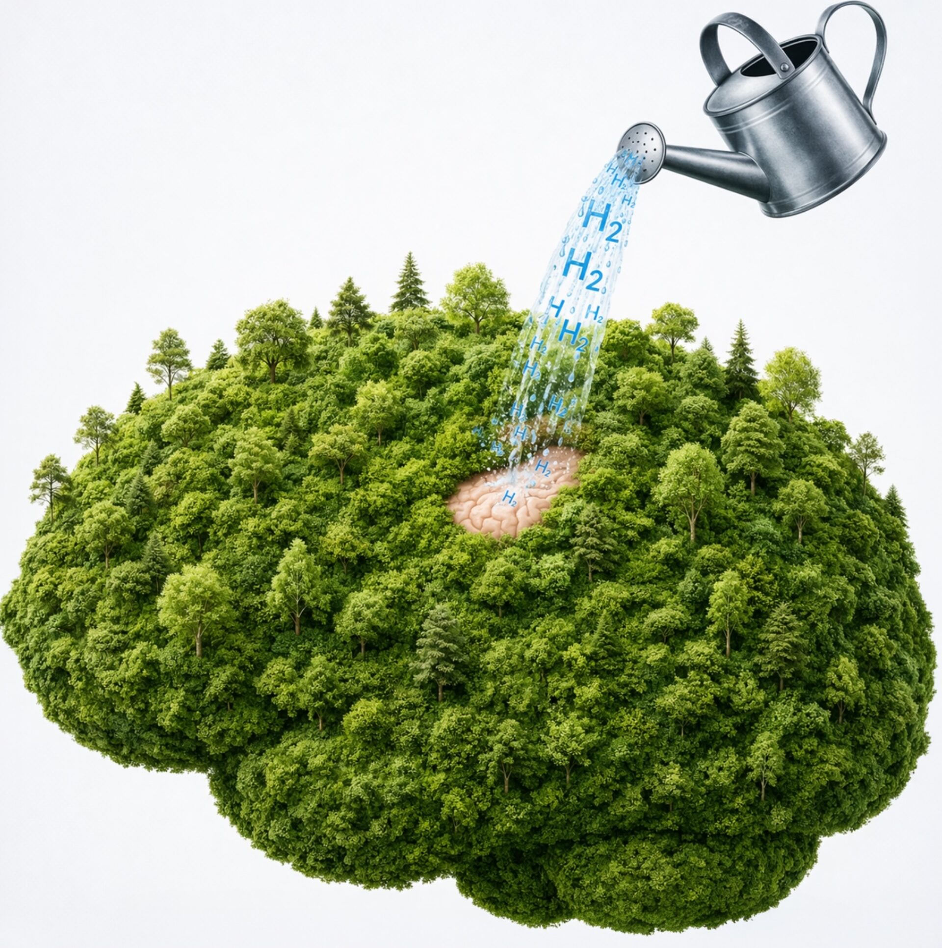 Illustration eines menschlichen Gehirns, das vollständig mit grüner Vegetation bedeckt ist — Bäume und Büsche wachsen auf den Hirnwindungen. Eine Gießkanne gießt Wasser mit H₂-Molekülen auf eine kleine kahle Stelle.