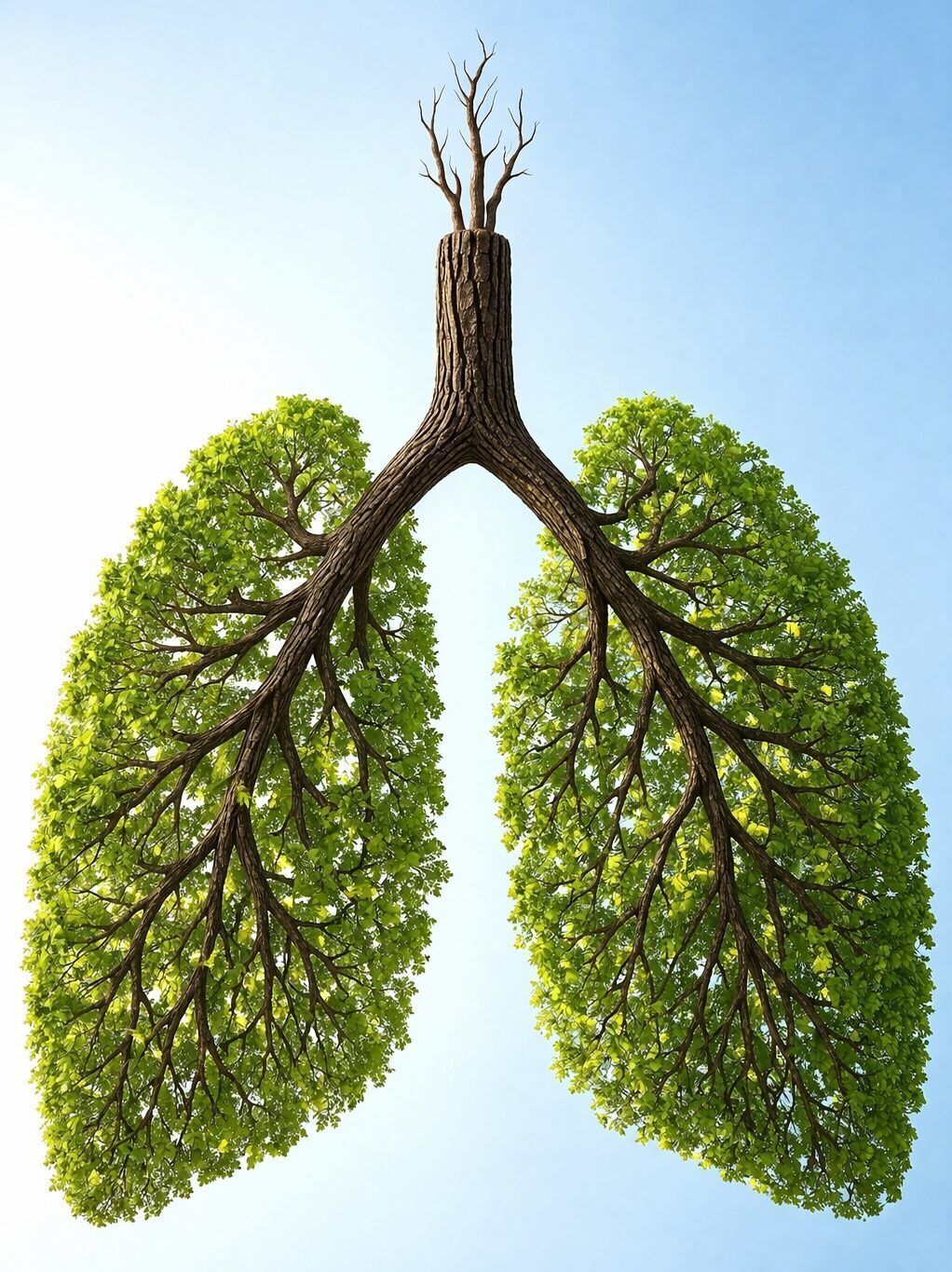 Die Lunge als umgekehrter Baum — die Bronchien verzweigen sich wie Äste in die Lungenflügel, die Luftröhre bildet den Stamm